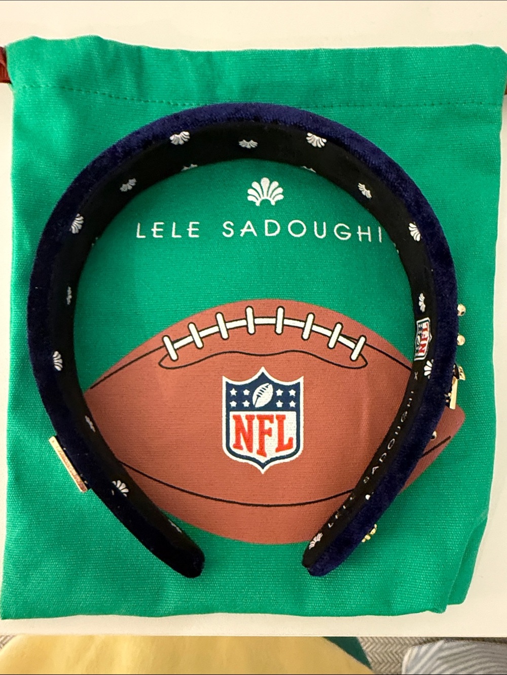 Lele Sadoughi NFL Ravens Navy Velvet Headband with Gold Studs